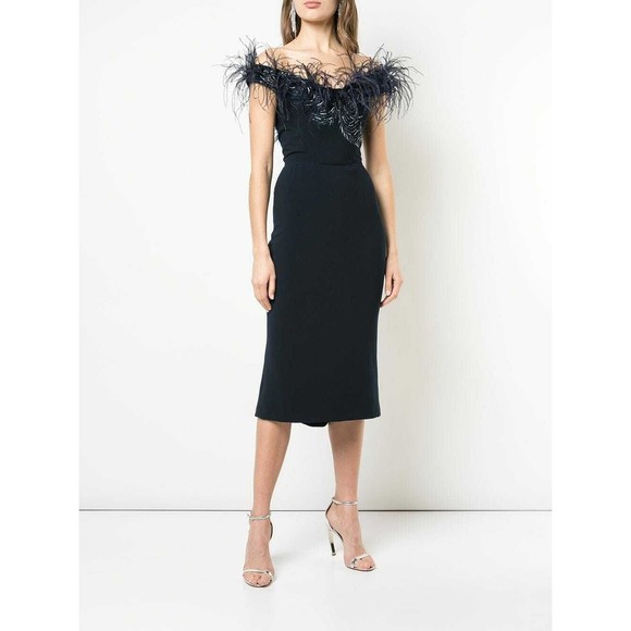 Marchesa Dresses & Skirts - MARCHESA Navy Blue Ostrich Feather Beaded Off Shoulder Fluted Hem Dress 8 M NEW